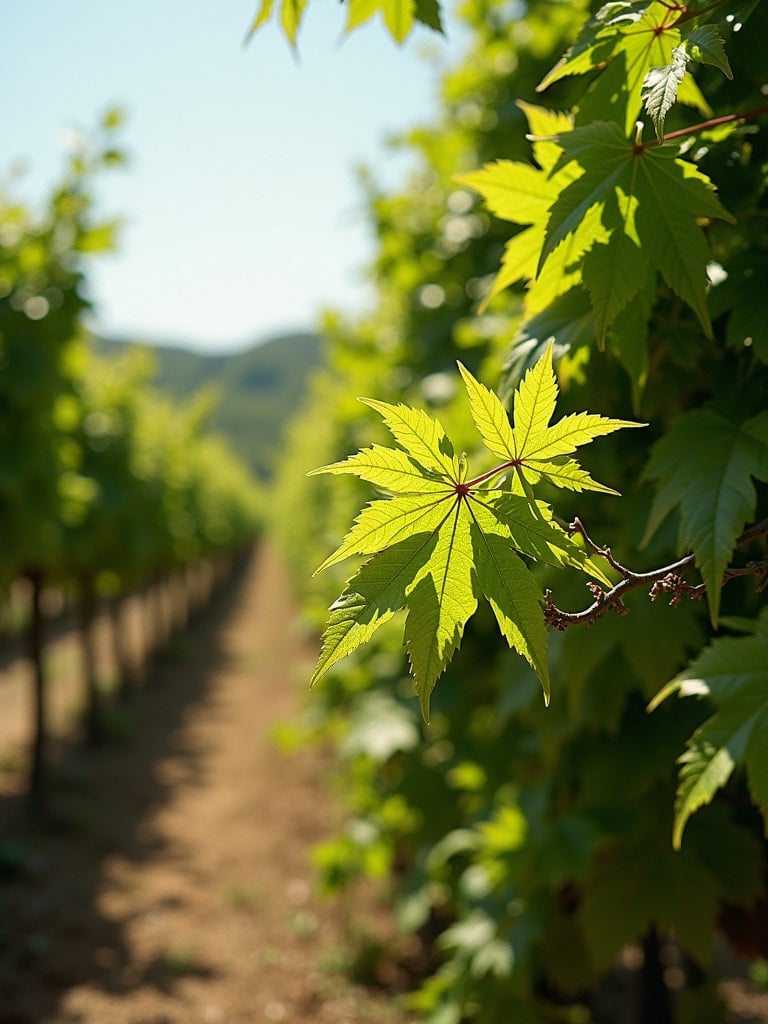 Eye-level view of a single Japanese maple leaf hanging among vineyard rows under sunny summer sky. Lush green vines stretch along the ground highlighting the leaf's bright color against blurred background of vineyard. Captured on 120mm Hasselblad camera.