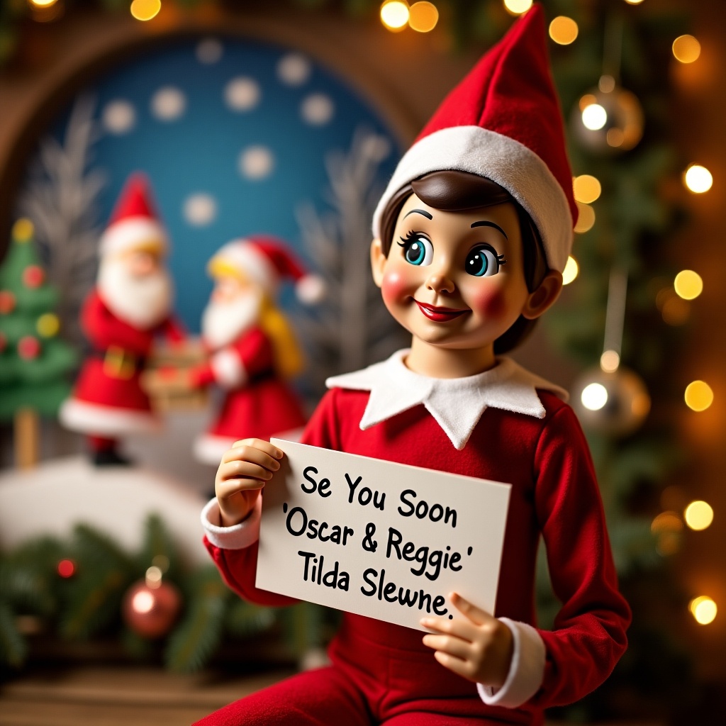 A cheerful elf holds a sign 'See You Soon Oscar & Reggie' , Tilda Slewme. The elf is in a red outfit with white accents. Warm Christmas scene in the background features Santa Claus with decorations and lights.