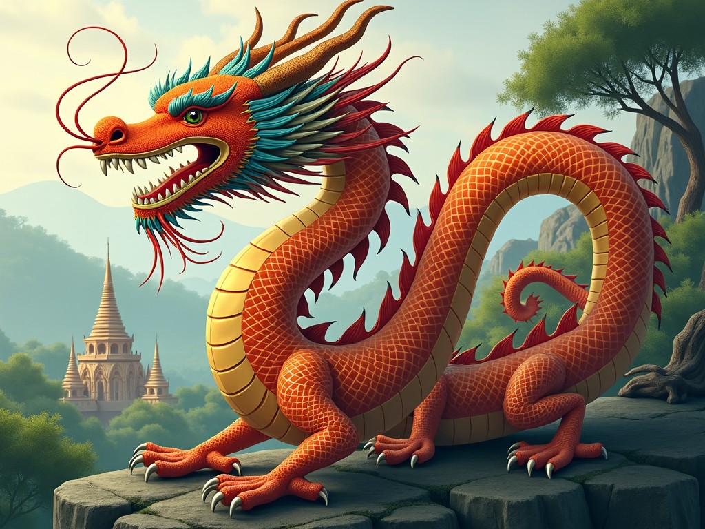 A vibrant illustration of a dragon, showcasing its majestic features. The dragon is painted in bright reds and golds, with intricate details on its scales. It is perched on a rocky surface, surrounded by lush green trees and a distant castle. The dragon has a long and curvy body, coiling gracefully. Its fiery expression and colorful mane reflect a sense of power and wisdom, depicting traditional Eastern dragon characteristics.