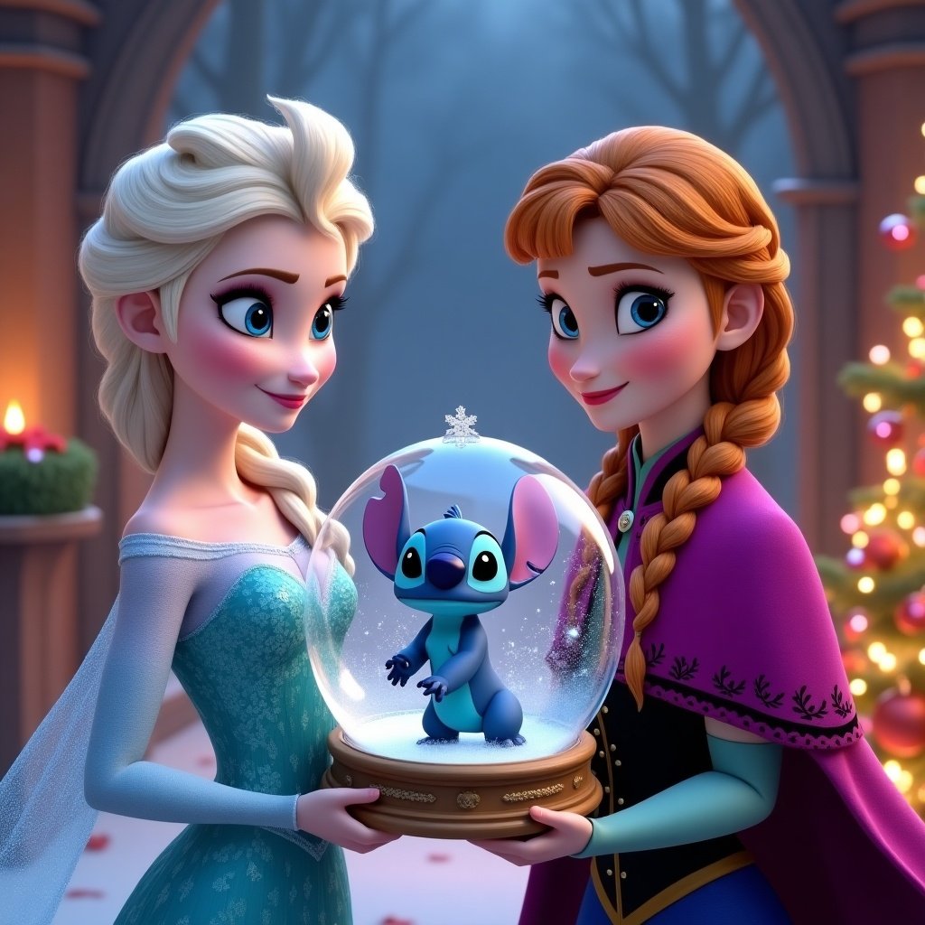 Elsa and Anna hold a snow globe. Snow globe has Stitch character. Background has Christmas decorations and a festive atmosphere. Characters are vibrant and colorful.