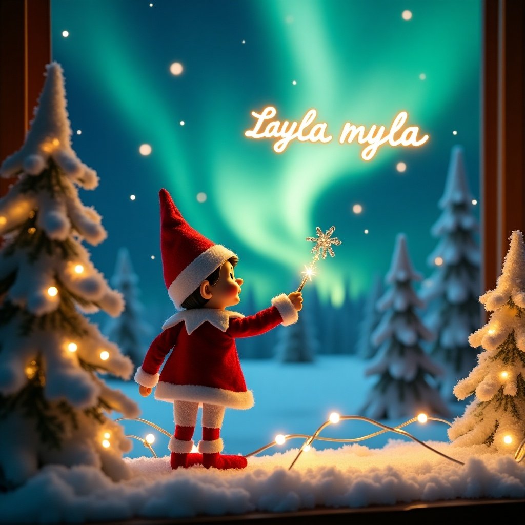 Enchanting Christmas scene with a playful elf on the shelf. Elf dressed in red and white attire stands with back to viewer. Elf stares up at majestic northern lights while holding a magic wand illuminating words 'layla' and 'myla'. Surrounded by snow-covered trees with twinkling lights. Captures a magical moment for the holiday season.