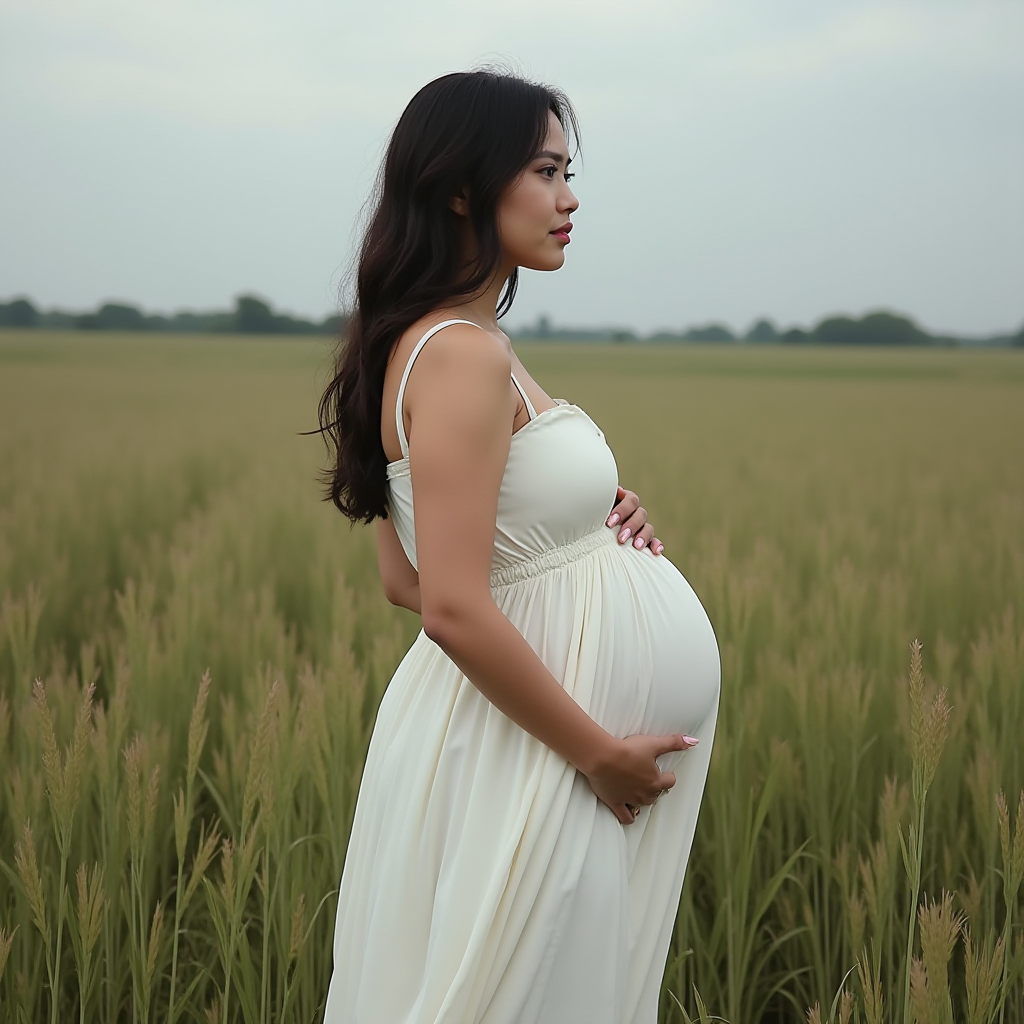 A pregnant woman in a white dress stands in a lush green field, gently holding her belly.