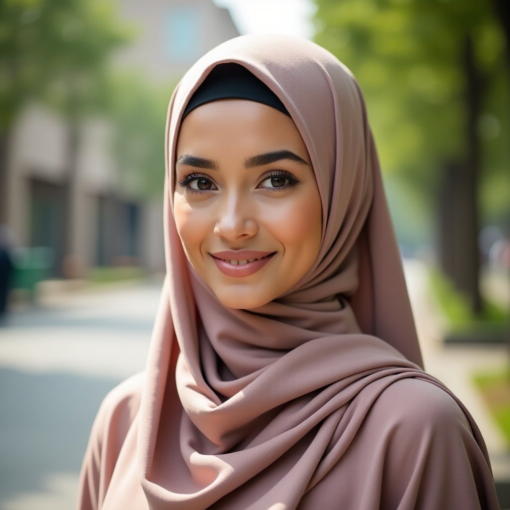 Portrait of a beautiful Muslim woman with a hijab in a soft color. Smiling expression. The background includes trees and a street setting.