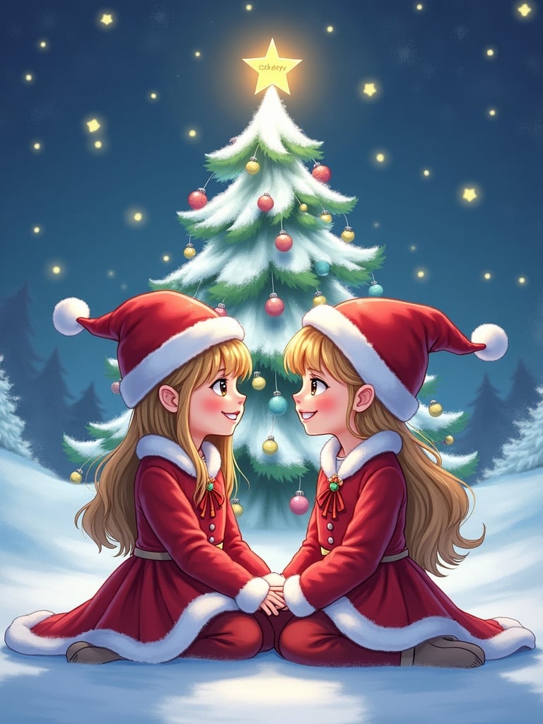 Two girls dressed in Christmas themed outfit sit outside in a snowy landscape. They smile at each other. A beautiful Christmas tree with ornaments stands in the background. Stars in the sky read clara and mariya.