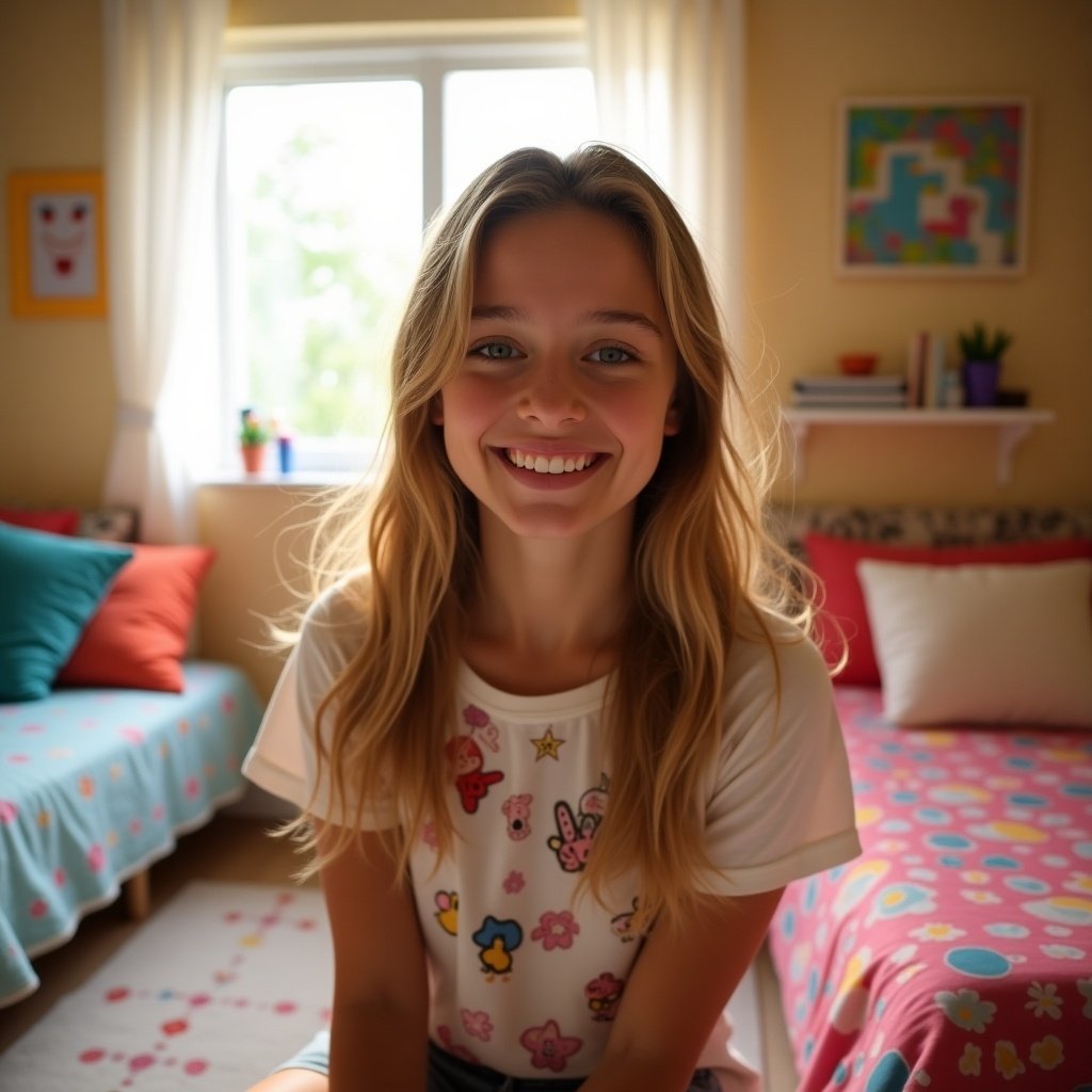 A happy older teen girl sits in her brightly colored bedroom. She smiles broadly. The room has two beds with colorful bedding and playful decor. Natural light floods in from a large window.