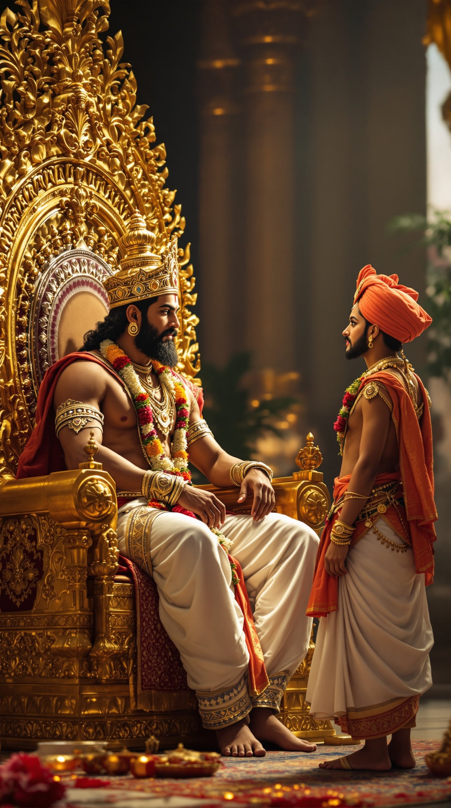 A very clear ultra-HD image of King Veerendra on his golden throne. He listens intently to Maharsi Anand, who stands quietly beside him.