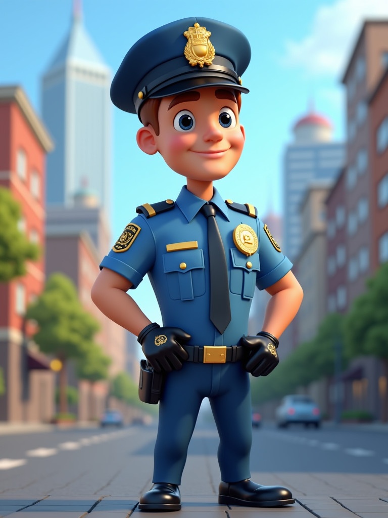 Stylized cartoon police officer stands confidently in a city. Background features a cityscape with buildings and trees. The police officer wears a blue uniform with a badge and a cap.