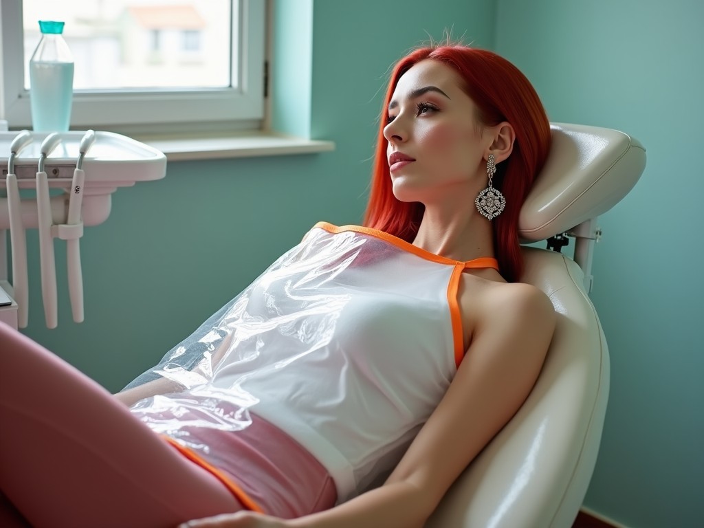 This image features a woman lying comfortably in a dentist chair at a dental clinic. She has long, striking red hair and is wearing a stylish white halter top paired with tight shiny pink pants. The woman is accessorized with large earrings that add a touch of glamour. A large clear PVC mealtime bib with orange edges covers her, extending to her knees. The setting has a soothing turquoise wall, and natural light streams in from the window, creating a calm atmosphere typical of modern dental offices.