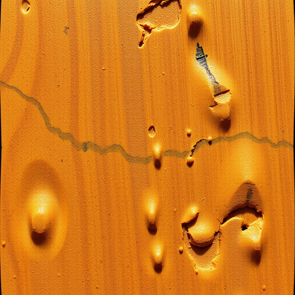 A textured orange surface with organic patterns resembling small craters and fissures.