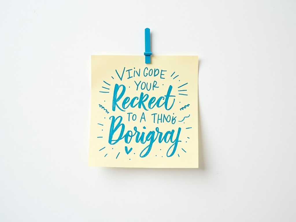 This image features a yellow sticky note neatly affixed to a blank wall. The note displays a bold, handwritten message in vibrant blue. The text conveys a motivational or instructional message, capturing attention with its playful style. The lighting is bright, emphasizing the note's colors and design. The overall look is clean and minimalistic, focusing on the note as the main subject. It's suitable for use in various creative contexts, including social media and marketing materials.