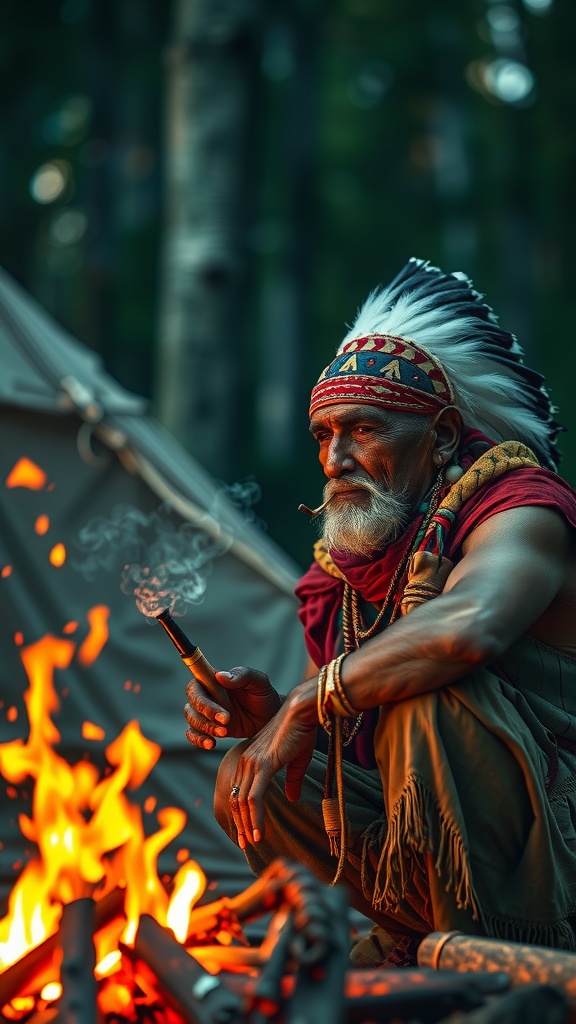 An elderly man in traditional attire sits by a campfire, smoking a peace pipe at night in the forest.