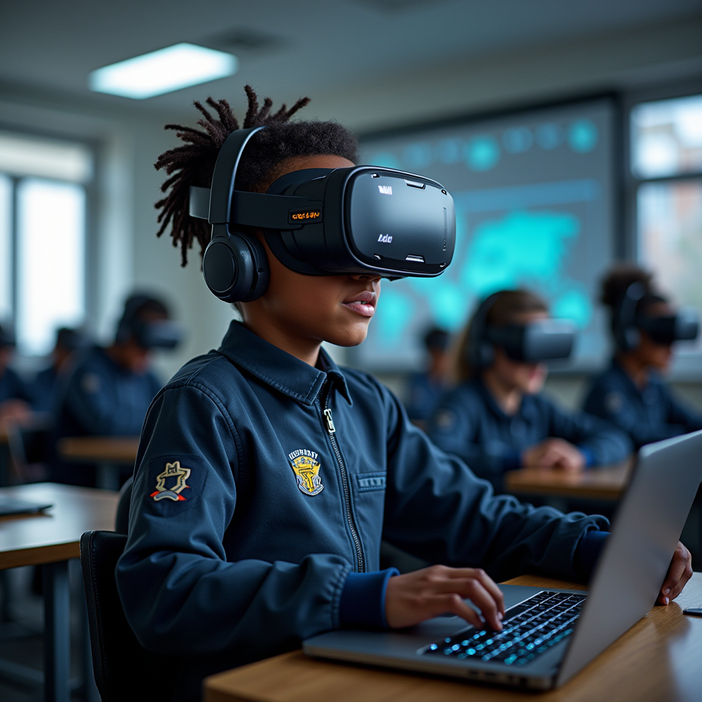 Students wearing VR headsets are engaged in a classroom setting, using laptops to enhance their learning experience.