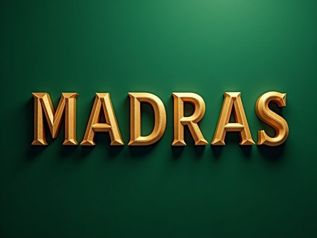 The image features the word 'MADRAS' prominently displayed in bold, golden letters. The background is a rich green color, providing a striking contrast. The letters have a three-dimensional appearance, emphasizing their texture and elegance. Soft lighting enhances the sheen of the gold, making it look luxurious. This composition evokes a sense of sophistication and historical significance, relating to the city of Madras, now known as Chennai.