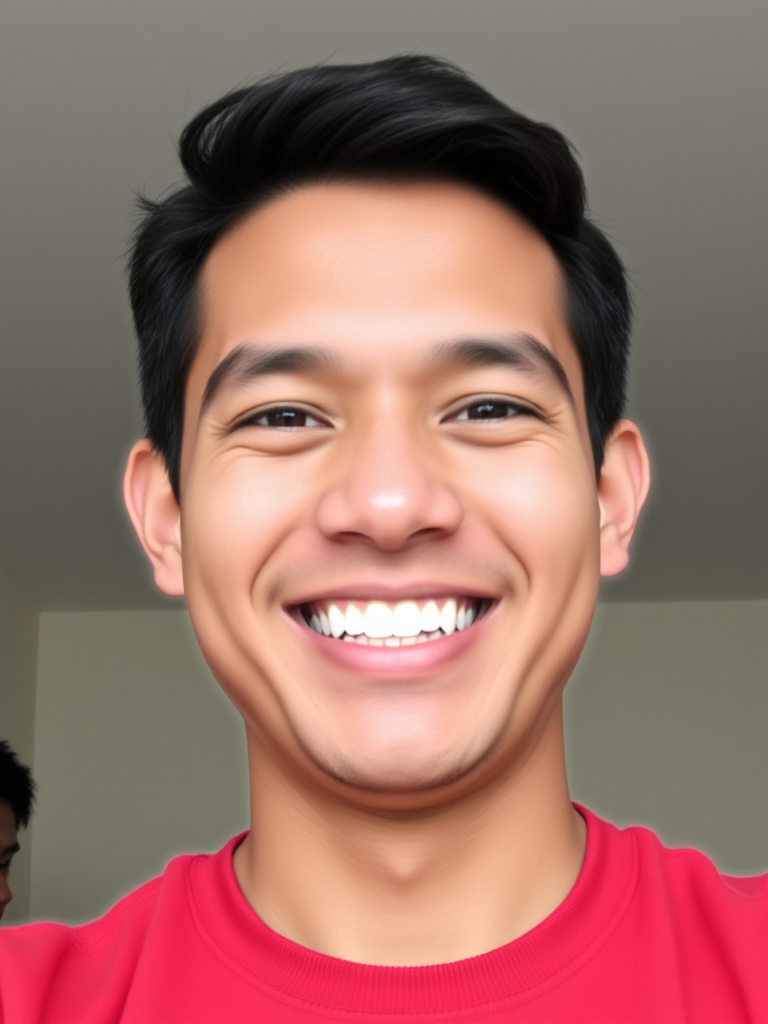 A young man with dark hair and a vibrant smile, wearing a red shirt, stands in a softly lit room.