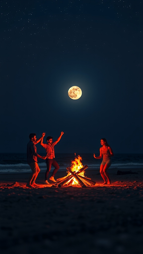 A vibrant scene captures three people dancing joyfully around a blazing bonfire on a beach at night. Above them, a full moon shines brightly, casting a gentle glow over the waves of the ocean in the background. The starry sky enhances the enchanting atmosphere, creating a perfect setting for this outdoor celebration.