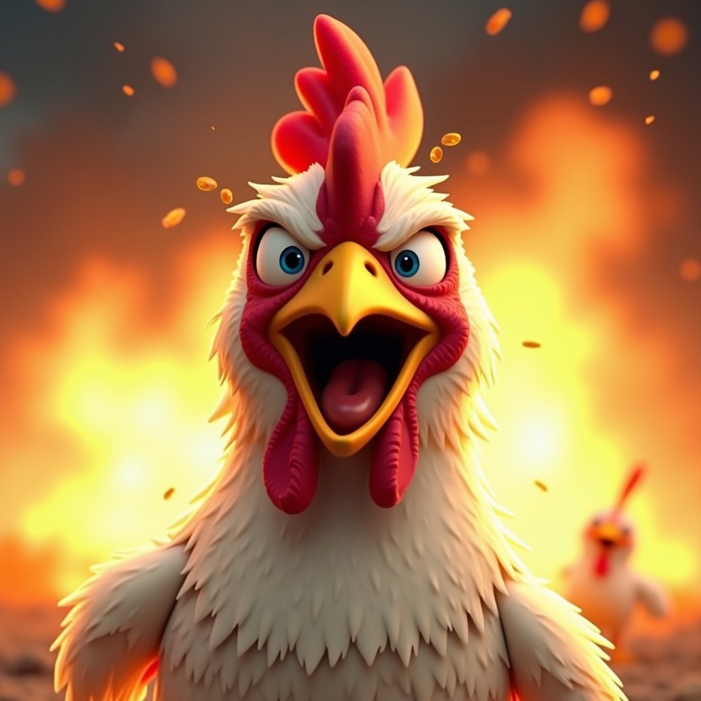 Close-up cartoon chicken with open beak. Chicken appears furious amidst flames and explosions. Background is blurred with fiery tones. Feathers are ruffled. Small particles and debris in the air create a sense of urgency.