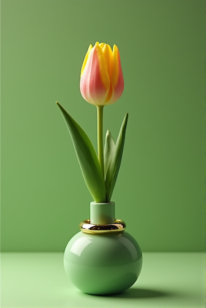 A single yellow and pink tulip in a green vase against a matching green background.