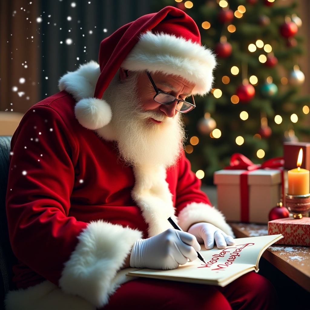 Santa is writing a name on a notepad. Christmas tree and decorations are in the background. Warm lighting creates a cozy atmosphere.