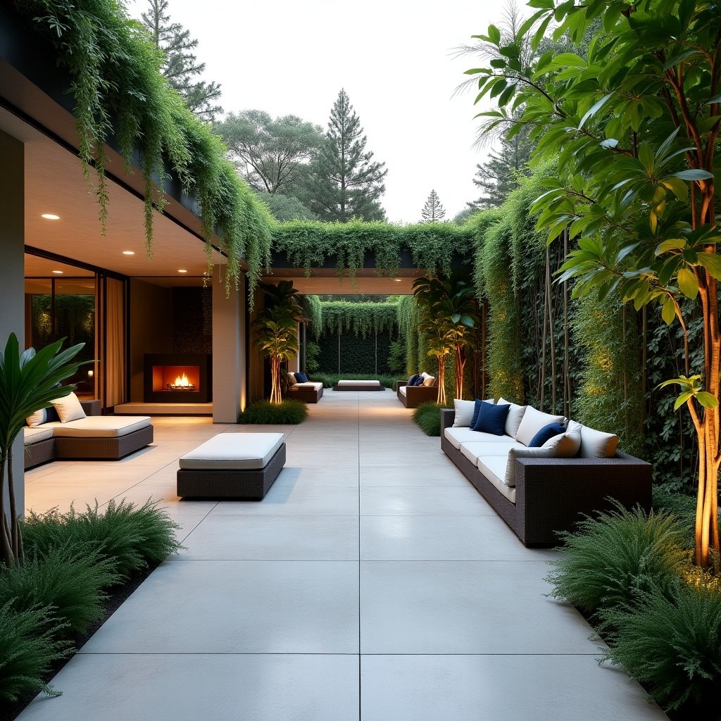 A beautiful modern retreat patio featuring a long side yard filled with greenery. It includes comfortable outdoor seating, a fireplace, and lots of plants.