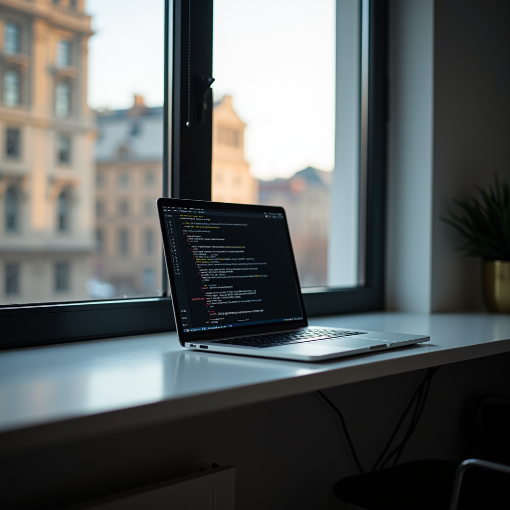 A laptop displaying code sits on a windowsill with a soft daylight backdrop of blurred urban architecture.