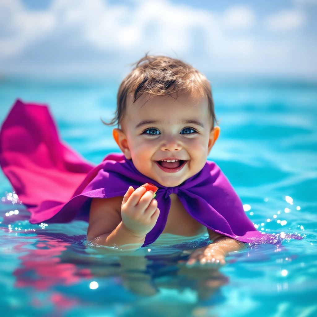 Happy baby floating on Caribbean sea. Wearing a purple cape. Eating watermelon. Bright and sunny atmosphere. Joyful moment.