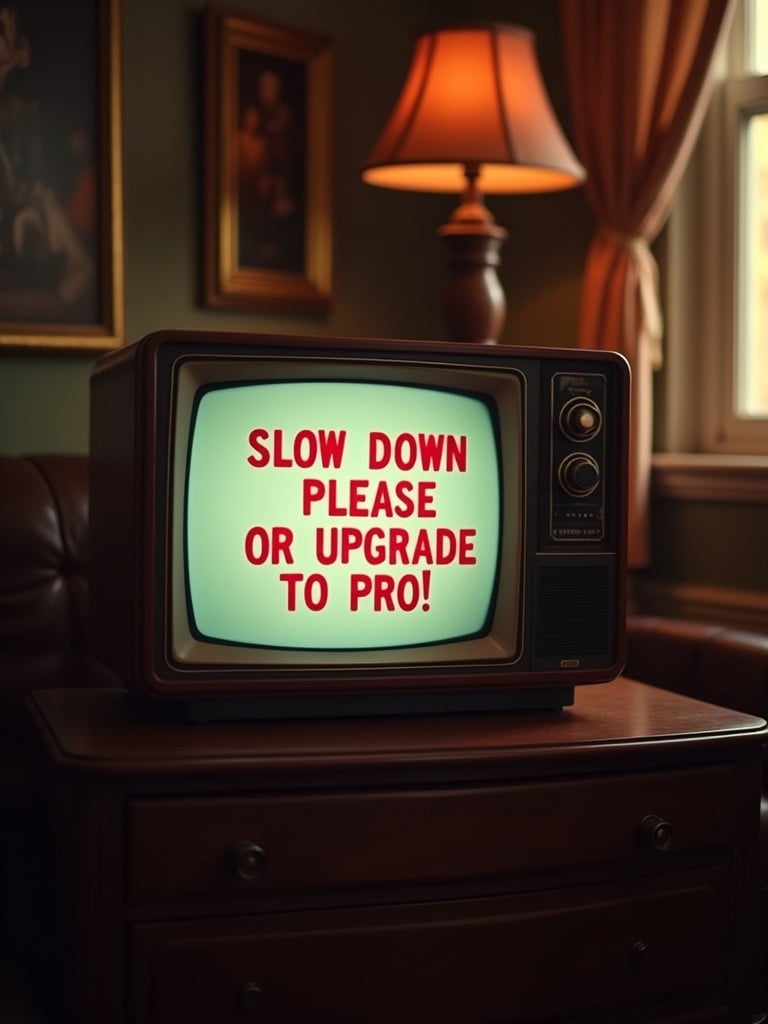 Image of a vintage television in a cozy retro room. TV displays humorous message 'Slow Down Please or Upgrade to Pro!' Warm shadows cast by subtle lighting. Nostalgic design evokes older technology.