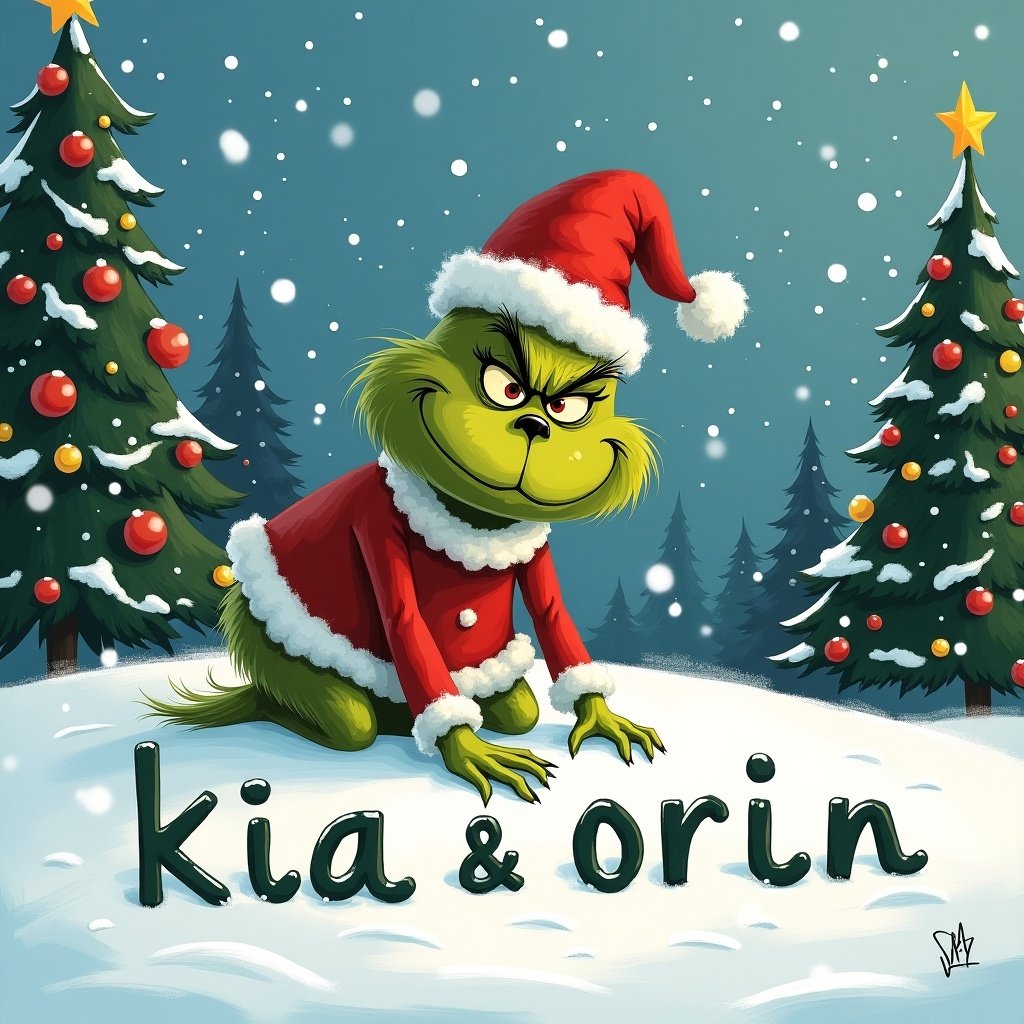 Grinch wearing a Santa hat writes the name kia & orin in snow. Decorated Christmas trees surrounding Grinch. Snowflakes falling in a winter landscape.