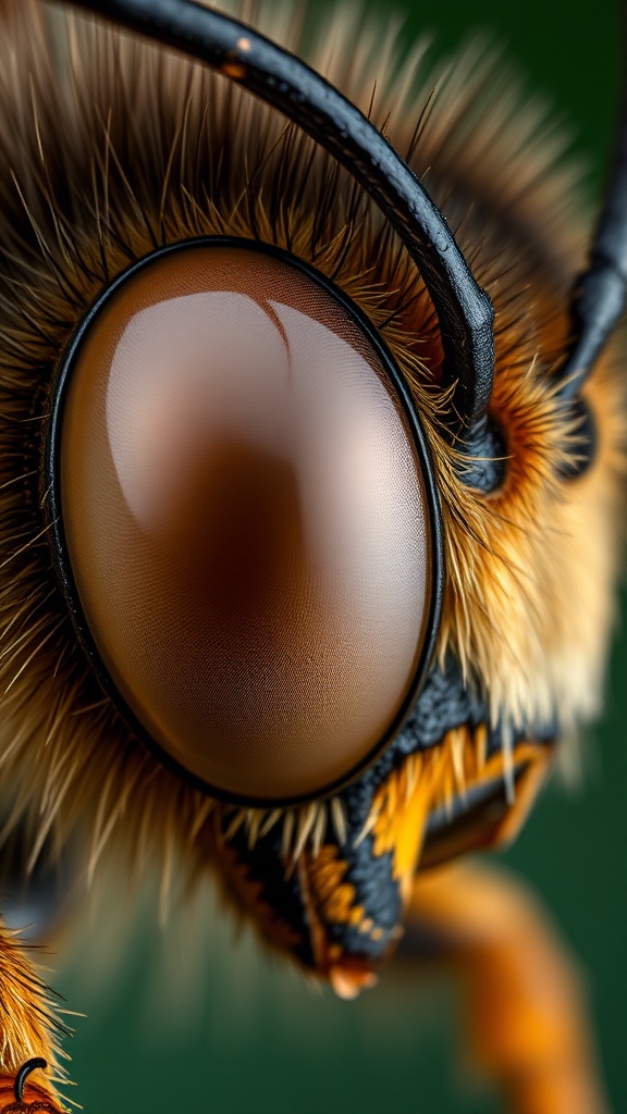 A detailed macro image of a bee's compound eye and antennae.