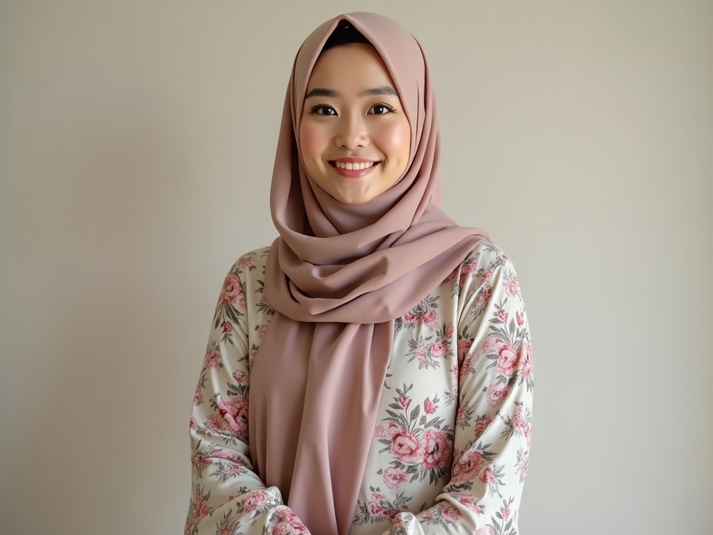 A young woman wearing a soft pink hijab smiles warmly at the camera. She is dressed in a floral outfit that adds a touch of elegance. The background is neutral, focusing attention on her cheerful expression. The lighting is soft and natural, creating a welcoming atmosphere. This image conveys warmth and a sense of community.