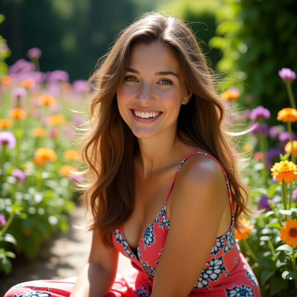 A woman with long hair is sitting in a vibrant flower garden. She is wearing a colorful dress and smiling at the camera. The surrounding flowers are in full bloom, with hues of pink, yellow, and lavender. The sunlight creates a warm and inviting atmosphere. This outdoor scene captures a joyful and serene moment in nature.