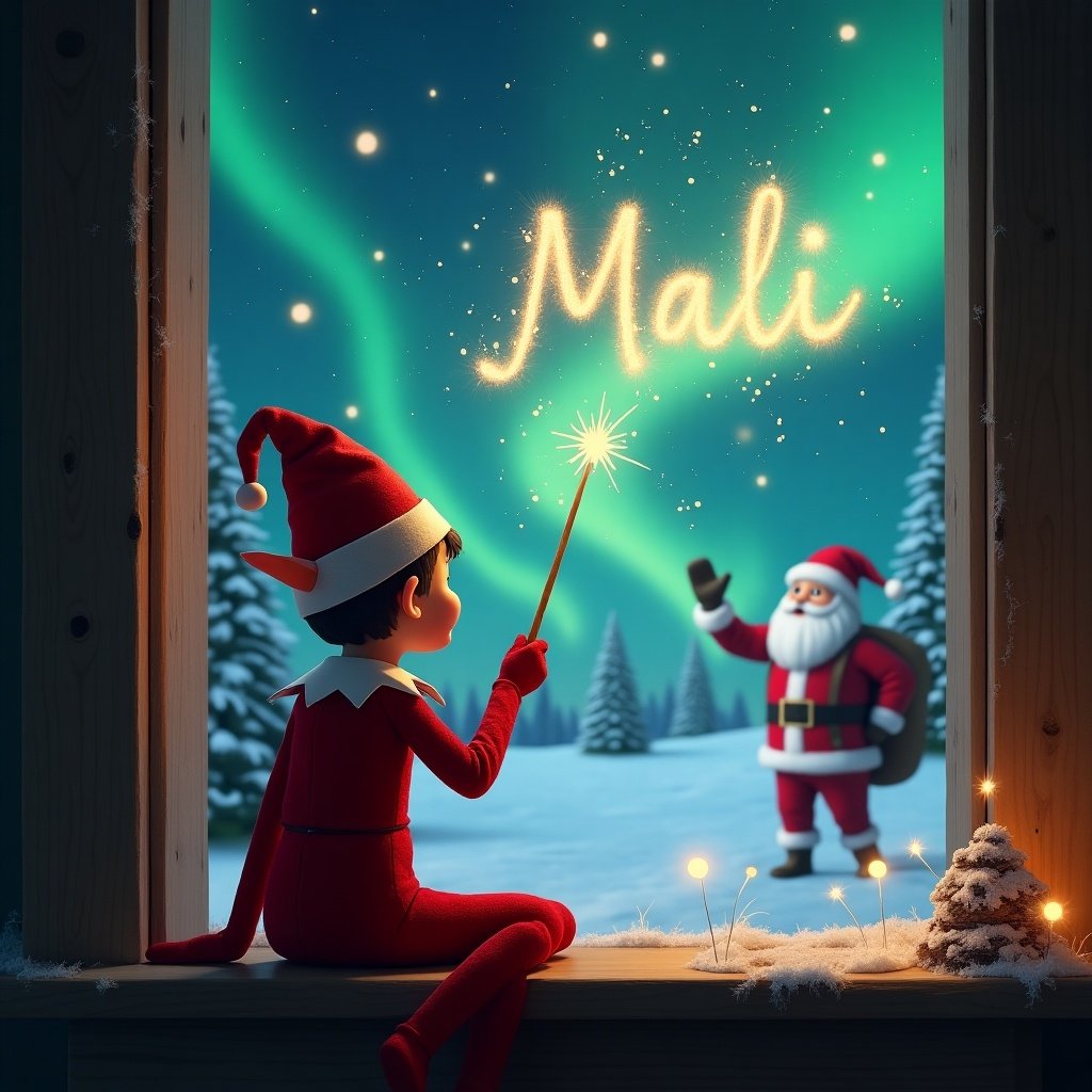 In this enchanting Christmas scene, we see a red elf on the shelf with his back to us. He is facing the beautiful night sky, using a wand to write the name 'Mali' in sparkling letters. The landscape features a magical winter wonderland, highlighted by stunning northern lights. In the distance, Santa Claus waves, dressed in his traditional red suit. The cozy setting includes snow-covered trees and a warm, inviting atmosphere.