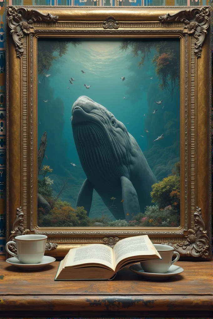 A whale swims underwater in a framed picture, surrounded by colorful coral and fish, with an open book and two cups on a wooden table in front.