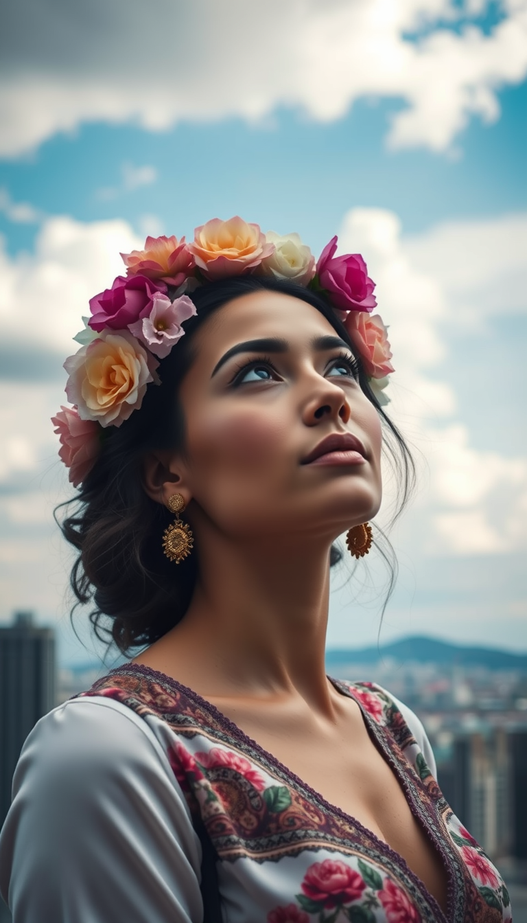 A woman adorned in floral embroidery and a vibrant flower crown gazes skyward, exuding elegance against a cityscape backdrop.