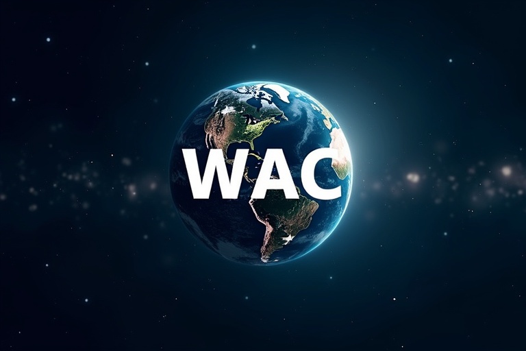 A glowing Earth globe floats in a dark sky. Faint glowing lines connect across the globe. The letters WAC appear in bold white text in the foreground.