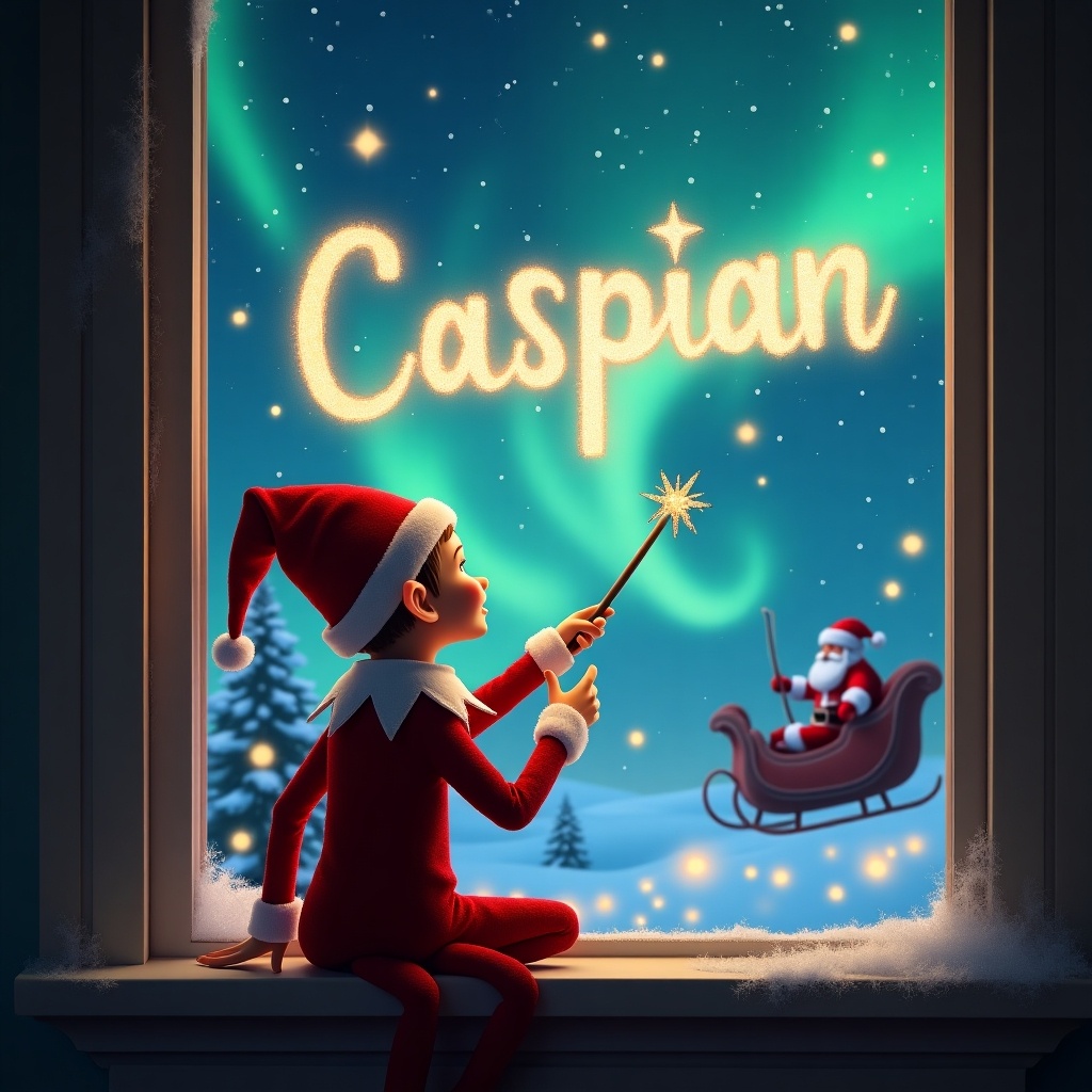 The illustration features an elf sitting on a window ledge, facing out toward a magical Christmas sky. He is using a wand to write the name 'Caspian' in sparkling letters. The backdrop showcases enchanting northern lights shimmering in vibrant colors, alongside twinkling stars. Santa Claus is visible in the distance, happily riding his sleigh. The elf's classic red outfit and pointed hat add to the festive ambiance, making it a delightful holiday scene. This captivating imagery evokes feelings of wonder and joy associated with Christmas.