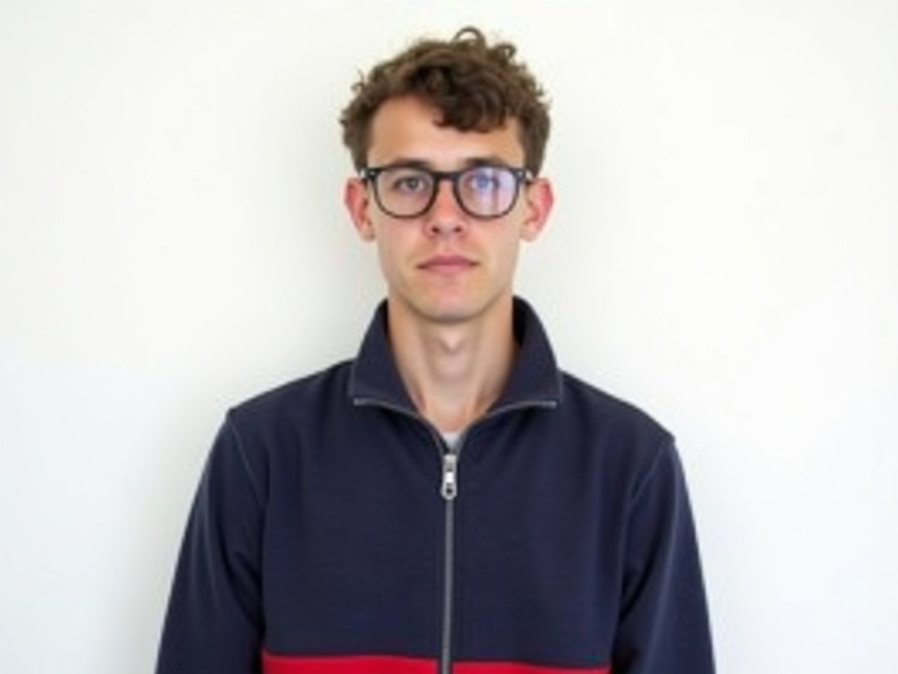 The image shows a young man standing against a plain white background. He has short, slightly curly hair and is wearing round glasses. The man is dressed in a zip-up jacket that is dark blue with a red panel across the chest. He has a neutral expression on his face, giving off a serious demeanor. The photograph appears to be well-lit and focused, highlighting the man's features.