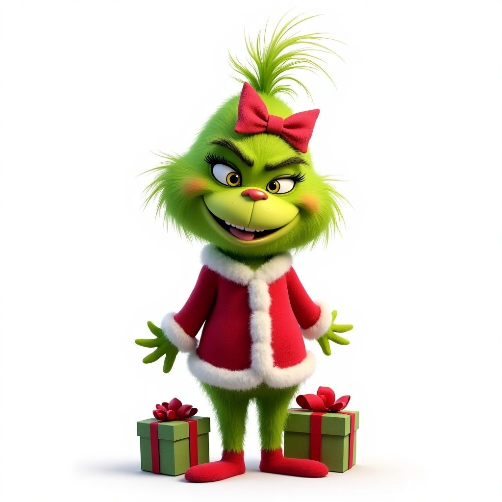 The Grinch dressed in a Santa outfit and a pink bow. Character has green skin with a playful demeanor and cozy smile. Bright white background with wrapped gifts that enhance the festive atmosphere.