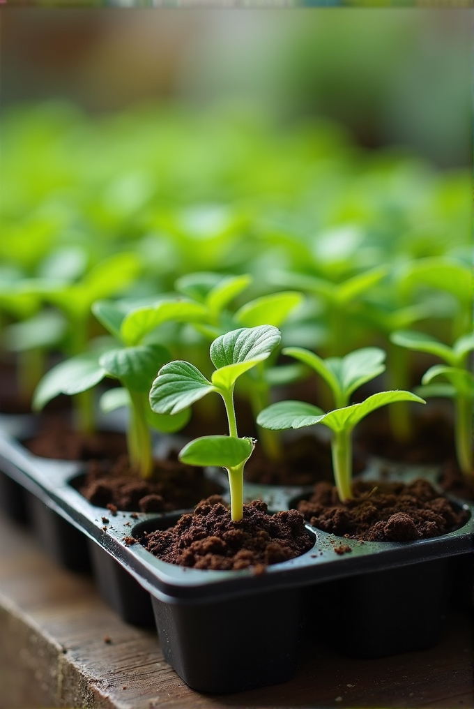 Young green seedlings are growing in a tray filled with soil.