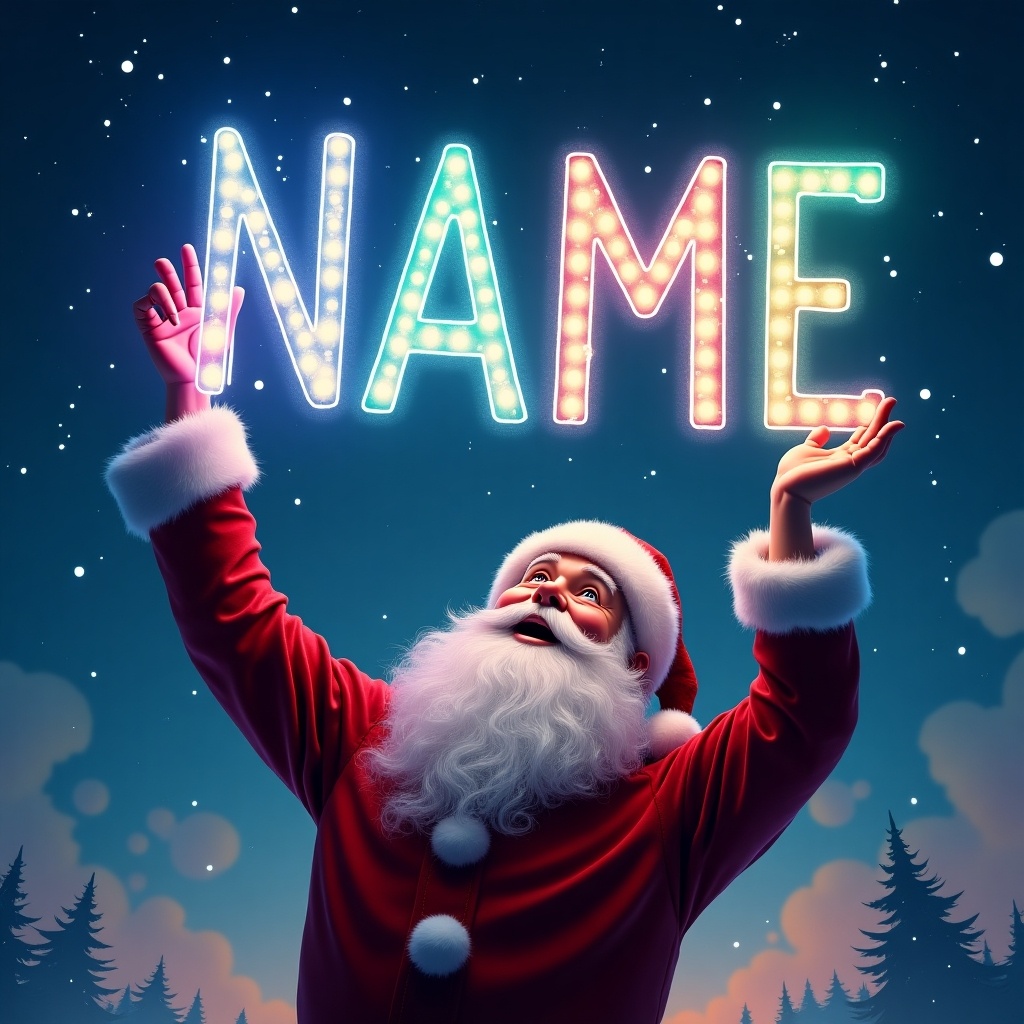 A beautiful Christmas scene featuring Santa Claus. He is joyfully writing the name 'NAME' in the night sky using a colorful glow pen. Santa is looking upwards with a happy expression. The background is filled with soft winter colors and twinkling stars. The text is illuminated with a vibrant glow, emphasizing the holiday spirit. Pine trees gently frame the scene, enhancing the festive atmosphere.