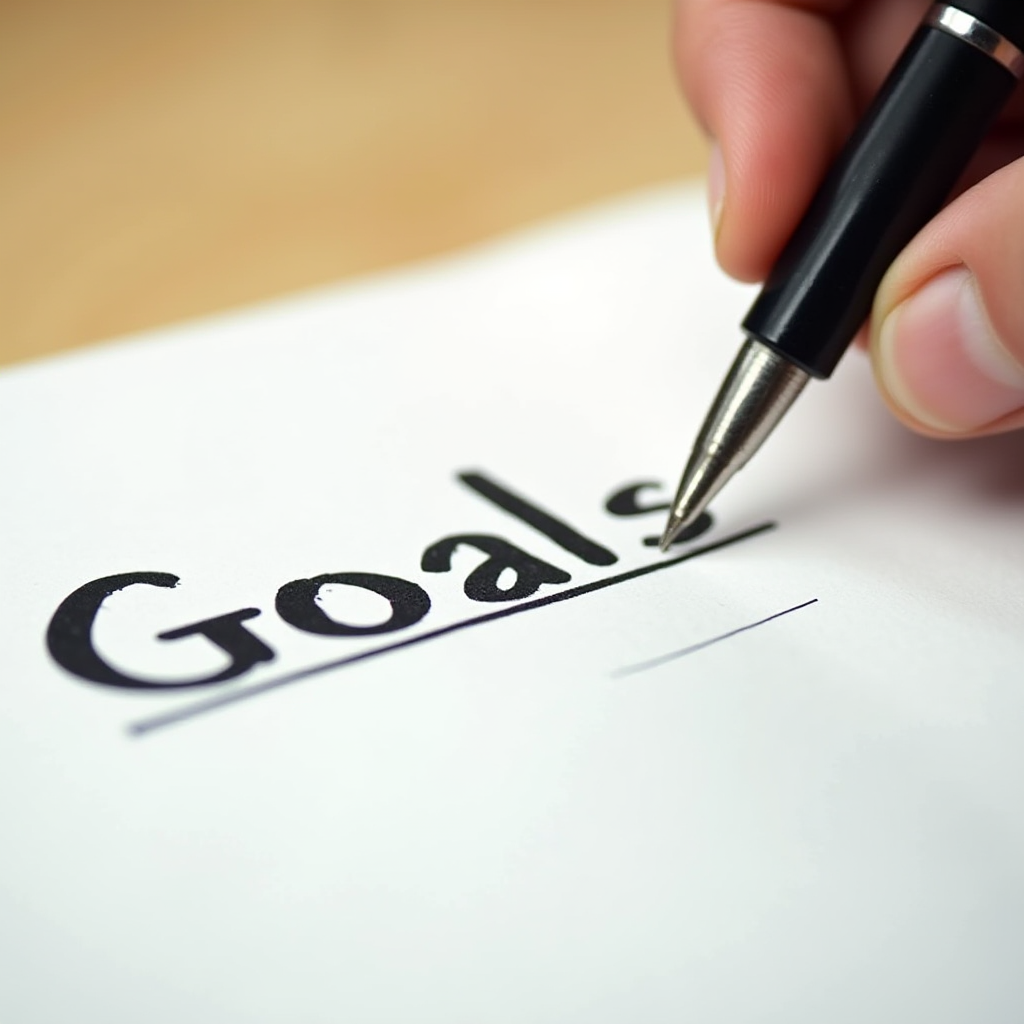 A hand writing the word 'Goals' with a pen on paper.