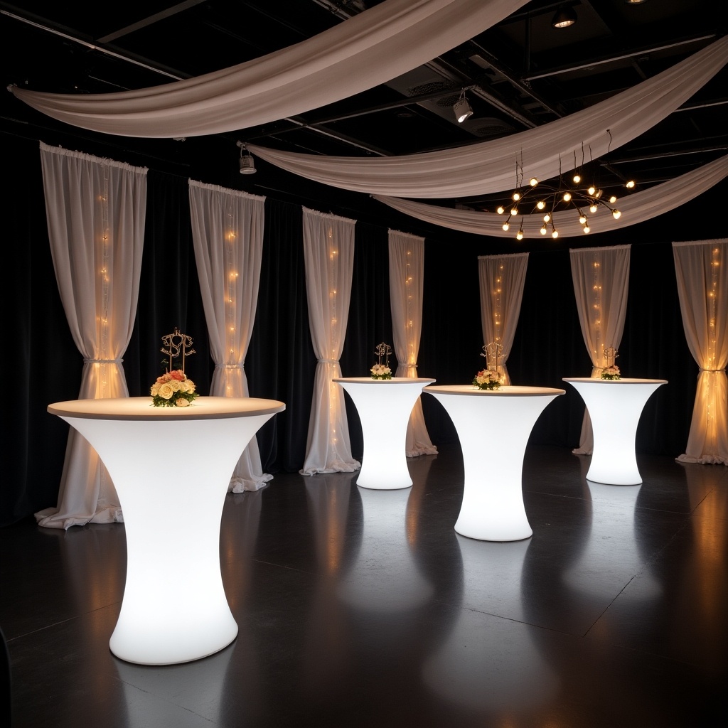 The image showcases an elegant event space decorated in black and white. It features draped black curtains that create a dramatic backdrop. The focal point is several illuminated cocktail tables, which provide a contemporary touch. In addition, there are 5ft UNCF light-up letters stacked elegantly in the room, enhancing the sophisticated atmosphere. Soft lighting adds warmth to the setting, making it ideal for upscale events.