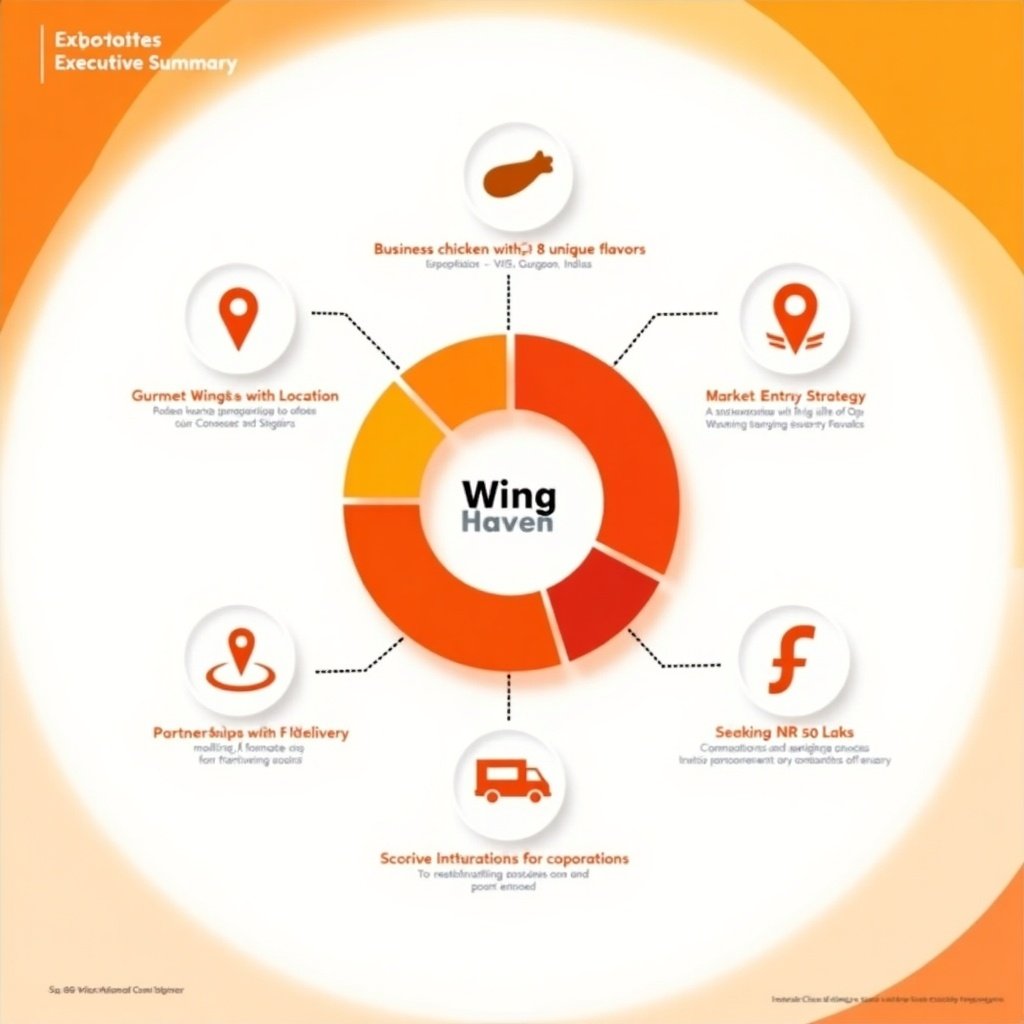 This PowerPoint slide presents an executive summary for a cloud kitchen business named 'Wing Haven'. The focus is on gourmet chicken wings offered in eight unique flavors. The location is specified as Gurgaon, India. It outlines a strategic entry into the market, emphasizing partnerships with delivery services like Zomato and Swiggy. Additionally, it highlights an investment opportunity of seeking INR 50 Lakhs for setup and operations. The layout features a clean, circular infographic with labeled sections for clarity. A warm orange gradient background enhances the overall inviting feel of the presentation.