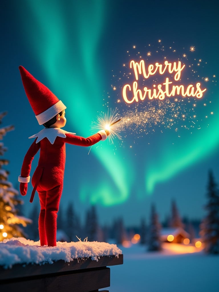 An enchanting Christmas scene with elf on shelf facing sky. Elf wears red and white, holds magic wand. Elf writes Merry Christmas in sparkler script. Vibrant northern lights illuminate the backdrop. The scene captures the magic of the holiday season.