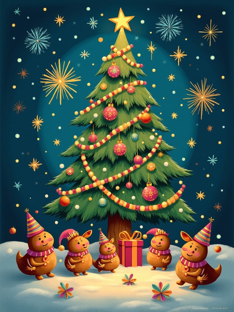 Create a festive card with a decorated Christmas tree. Include fun animals celebrating under the tree. Add elements representing different holidays like Christmas and Hanukkah. Use bright colors and festive decorations. Show a snowy ground and starry sky for a cheerful atmosphere.