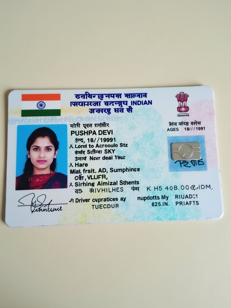 This image shows an Indian driver license card containing personal information. The name displayed is Pushpa Devi. The age noted is 33 years with a birth date of 18th January 1991. The design is typical for government-issued cards and appears official. The identification photo offers a clear view, presenting a professional look appropriate for identity validation.