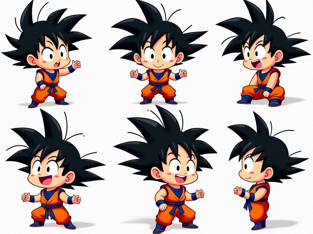 The image features a series of chibi-style illustrations of the character Goku from the Dragon Ball series. Each illustration depicts Goku in various poses and emotional expressions, showcasing his playful and energetic nature. The character is dressed in his iconic orange and blue gi, with his spiky black hair standing out prominently. This style is vibrant and colorful, appealing to both younger audiences and anime fans alike. The collection captures different facets of Goku's personality, from serious to cheerful, making it suitable for diverse applications in art and merchandise.