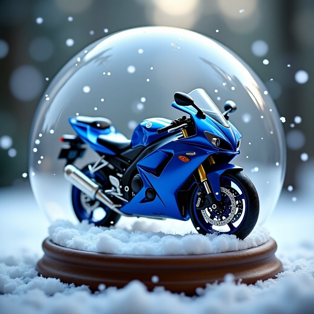 Blue Yamaha motorcycle inside a snow globe. Snowflakes surround the globe. Light background adds depth. Motorcycle and globe are in focus.