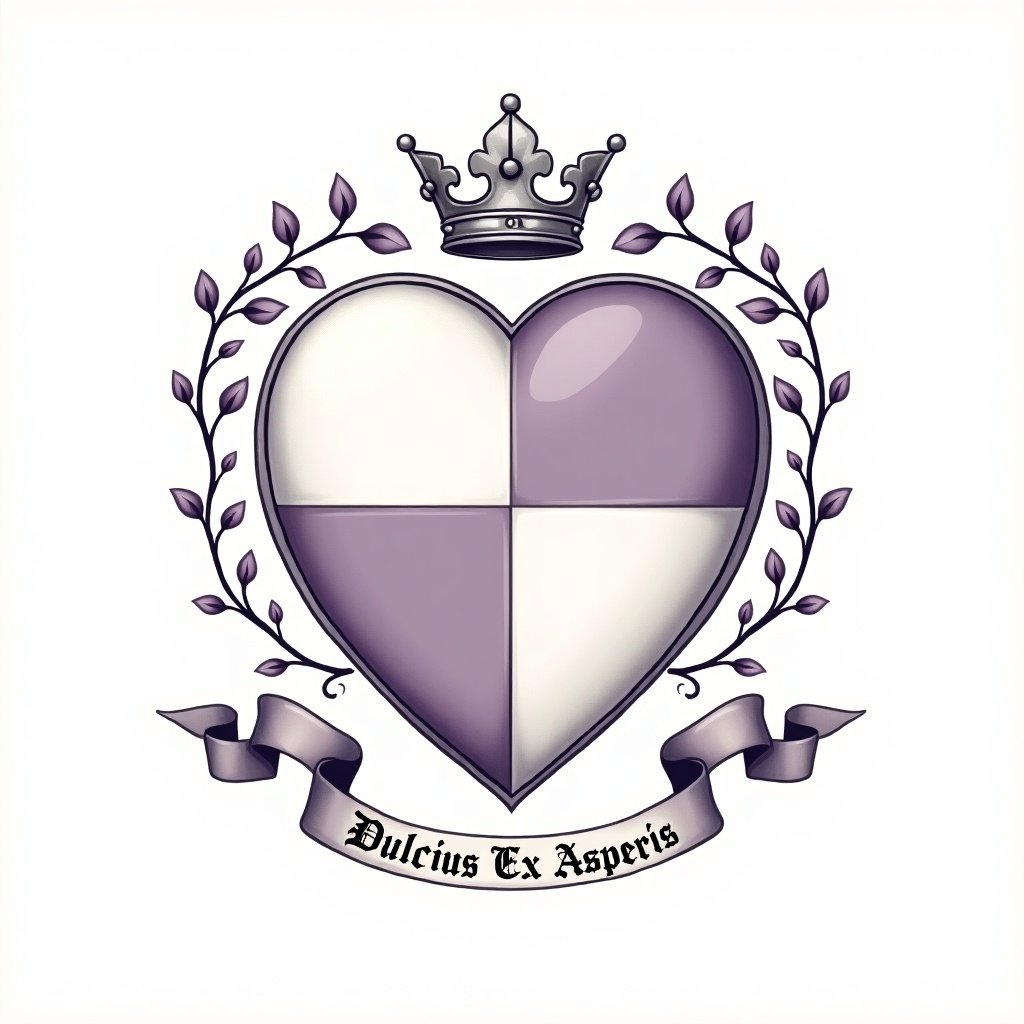 Heraldic emblem features heart-shaped shield at center. Shield has quartered sections in white and pastel purple. Delicate vines entwine around shield. Silver ducal coronet above the shield. Ribbon at base with motto Dulcius Ex Asperis.