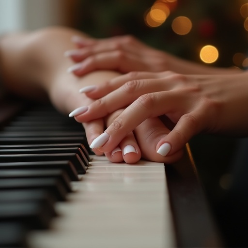 Image captures close-up of delicate hands on piano keys. Woman’s hands show neat white nails. Soft glowing lights in the background create an inviting mood. Ideal for music-related visuals.