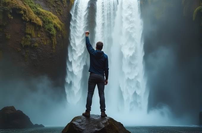 A person stands triumphantly on a rock facing a powerful waterfall.